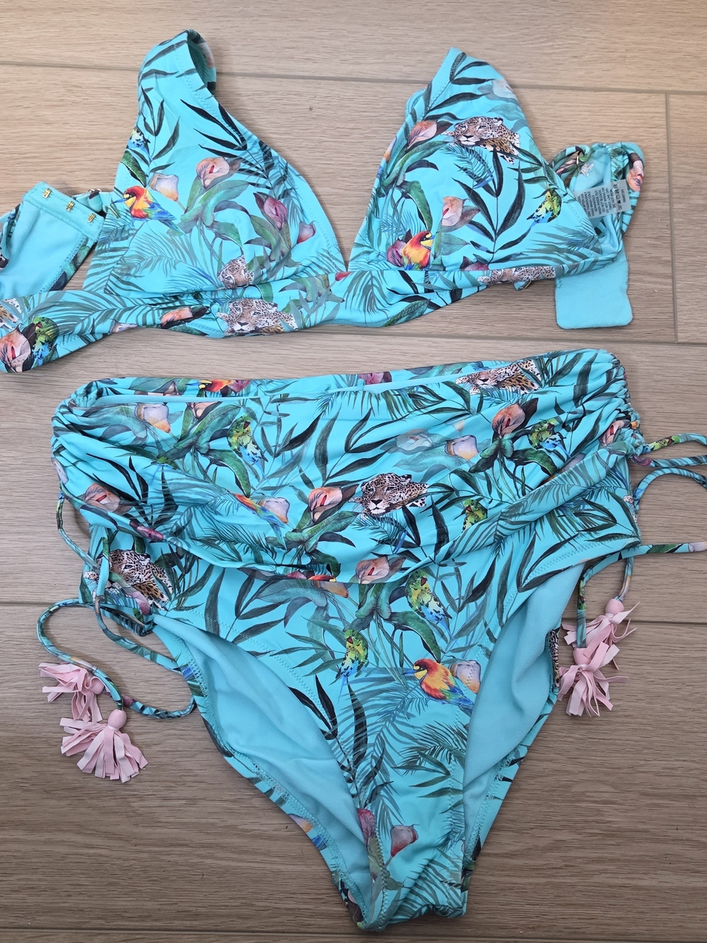 Johnny Was Turquoise Tropical Print Two-Piece Swimsuit Womens S TOP M Bottom